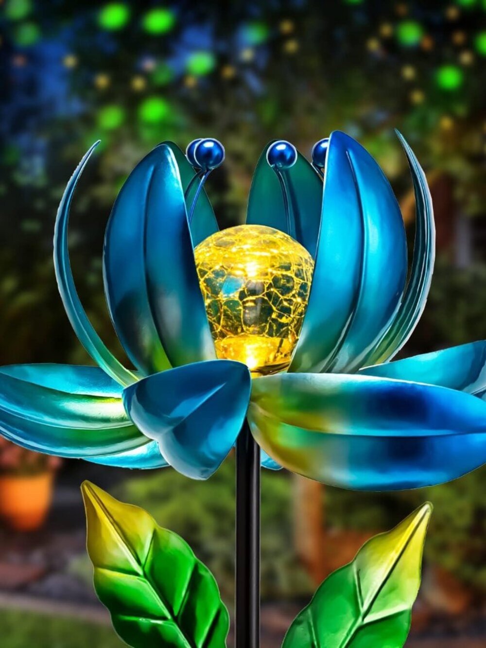 Solar Garden Lights Metal Flower Decor, Colorful Spinning Windmill Lotus Pathway